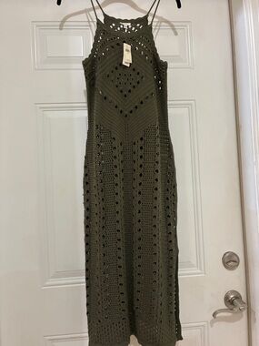 Aerie Olive Green Crochet Halter Maxi Dress NWT Size Small